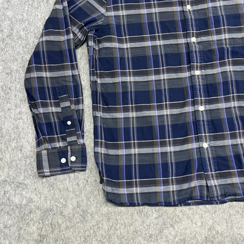 Banana Republic Shirt Mens Large Blue Plaid Linen Organic Cotton Untucked Button